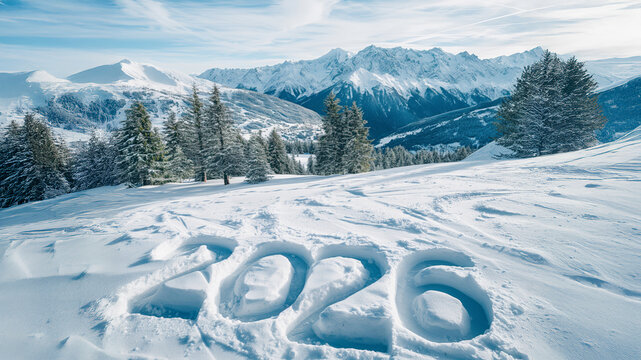 2026 written in snow in mountain landscape. New Year and winter holiday concept.