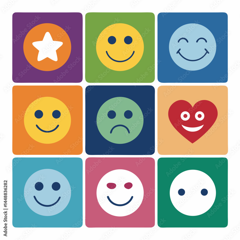 Poster colorful emoticon and star icons set for branding and user interface design