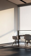 Modern Dining Room with Window Blinds, Table, and Chairs