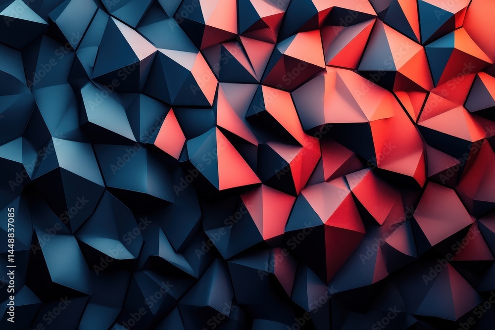Poster abstract angular grid with blue and coral gradient and 3d cubes