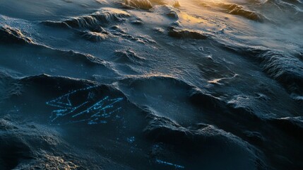 The ocean is dark blue with a few specks of light. The light is blue and it is scattered across the water