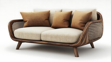 Stylish Rattan Sofa With Cushions And Wooden Frame In A High Resolution Photo