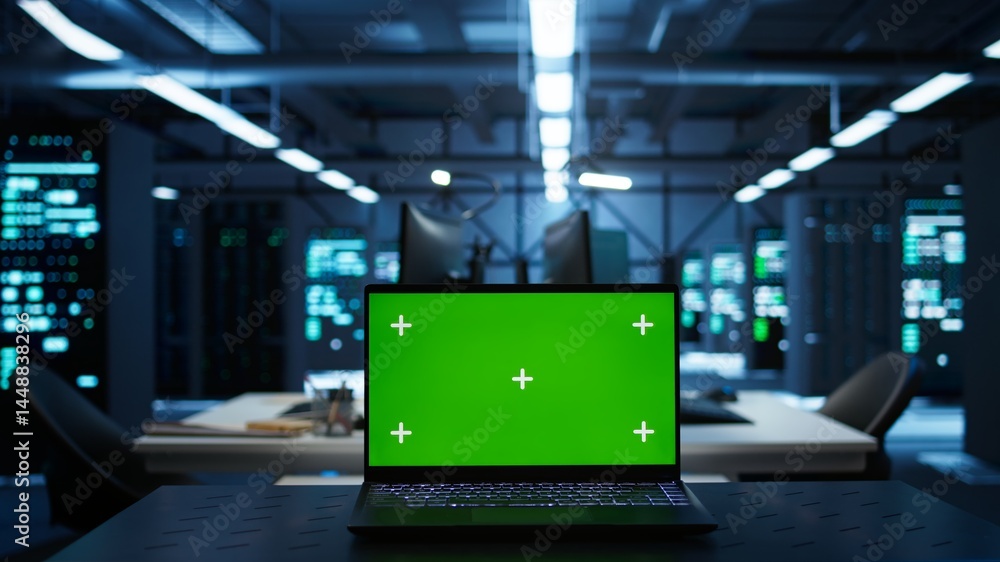 Poster focus on isolated screen laptop used by engineers in high tech data center to monitor security threa