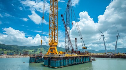 Fototapeta premium Offshore Construction Site with Cranes and Wind Turbines