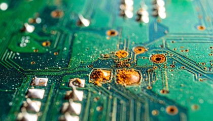 Macro Image of Dusty Circuit Board with Corrosion and Solder Points