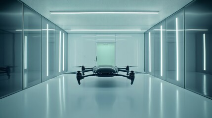 A black drone is hovering in a large, empty room. The drone is surrounded by a series of lights, giving the room a futuristic and industrial feel. The drone appears to be suspended in mid-air