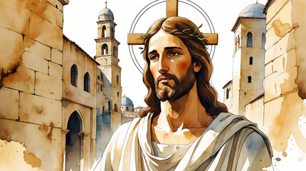 Digital watercolor painting of Jesus Christ