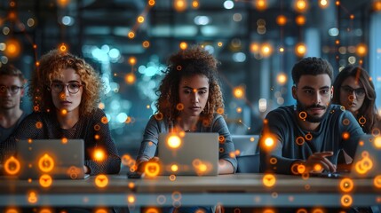 Futuristic digital marketing strategy session where the team leverages buyer personas to create optimized email content and meet their goals