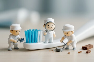  Pequeños personajes limpian una gran cepillo dental con herramientas, representando una metáfora divertida sobre la higiene bucal.
