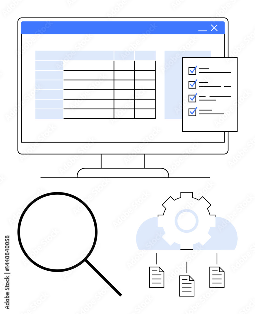 Poster computer screen displaying spreadsheet data and checklist, magnifying glass representing search, gea