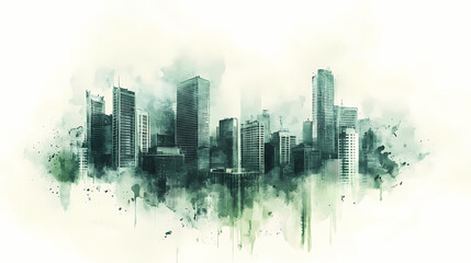 Fototapeta premium Green city skyline illustration with watercolor effect featuring tall buildings and skyscrapers in urban environment. [Dream Architectures] | Ethereal Plazas | dream squares. Illustration