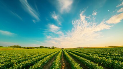 Agricultural vista showcasing cultivated fields under a vast sky with wispy clouds, evoking rural serenity and agricultural abundance.