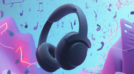 A pair of headphones with a lot of music notes surrounding it. The headphones are in the air and appear to be floating