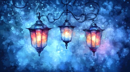 Obraz premium Three Glowing Lanterns Night Watercolor Painting