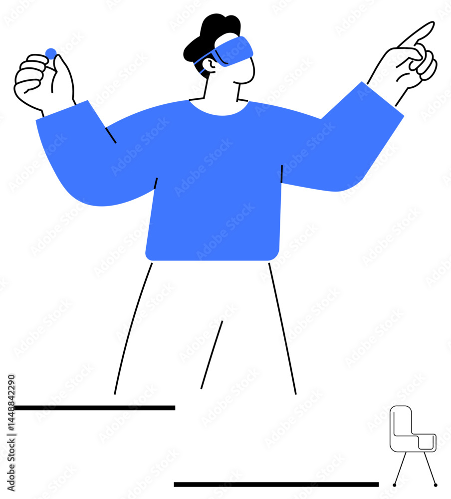 Poster man wearing vr headset, gesturing actively with one hand holding a small object. minimal lines and c