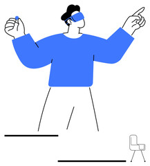 Man wearing VR headset, gesturing actively with one hand holding a small object. Minimal lines and chair add focus. Ideal for technology, innovation, gaming, virtual interaction, education, user