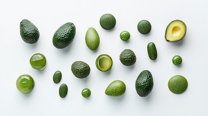Fresh avocados and smooth stones on a white surface.