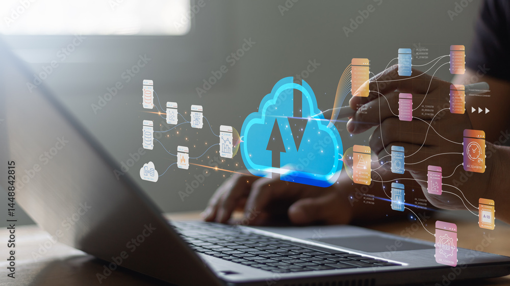 Fototapete Cloud technology concept. Global network of data management system center. Man hand touch access data with internet cloud technology and file transfer backup copy. Global business online with Ai tech.