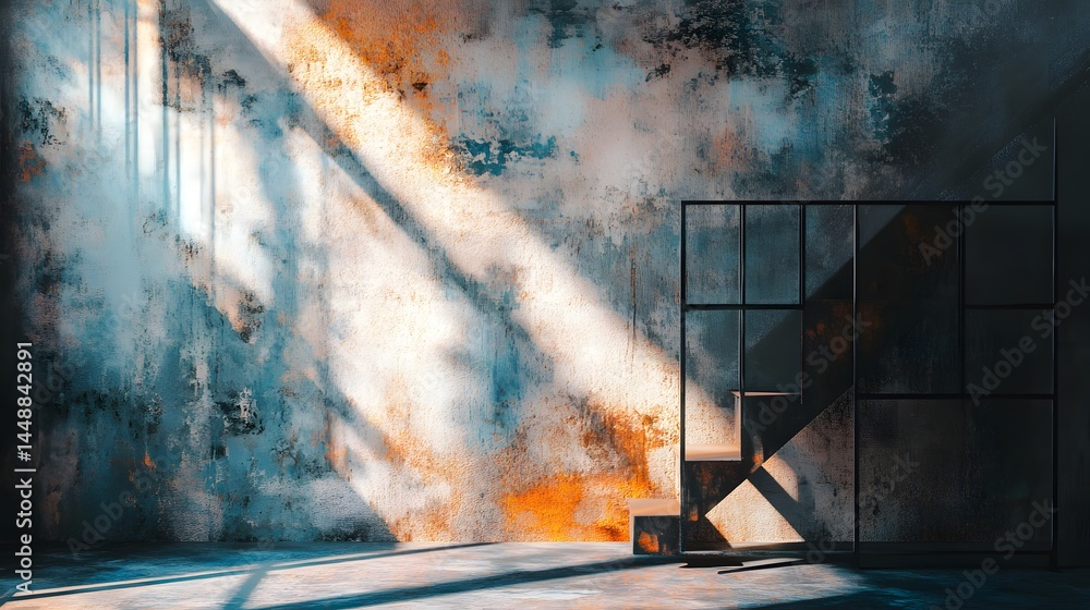 Poster sunlight streams into an aged room with an abstract wall, casting light and shadow. a geometric meta
