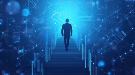 Silhouette of a person walking up glowing digital stairs, surrounded by abstract data visualizations, representing progress and success