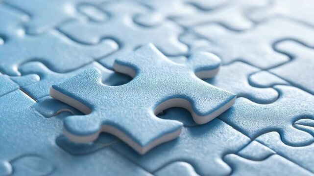 Macro shot of light blue jigsaw puzzle pieces, representing solution, problem-solving, teamwork, connection, and business strategy.