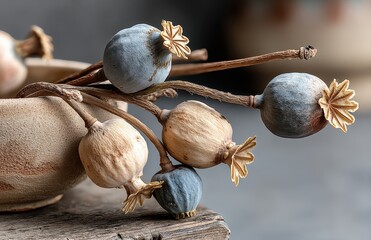 Dried poppy seed heads in a rustic terracotta dish, arranged on weathered wood showcasing delicate botanical textures