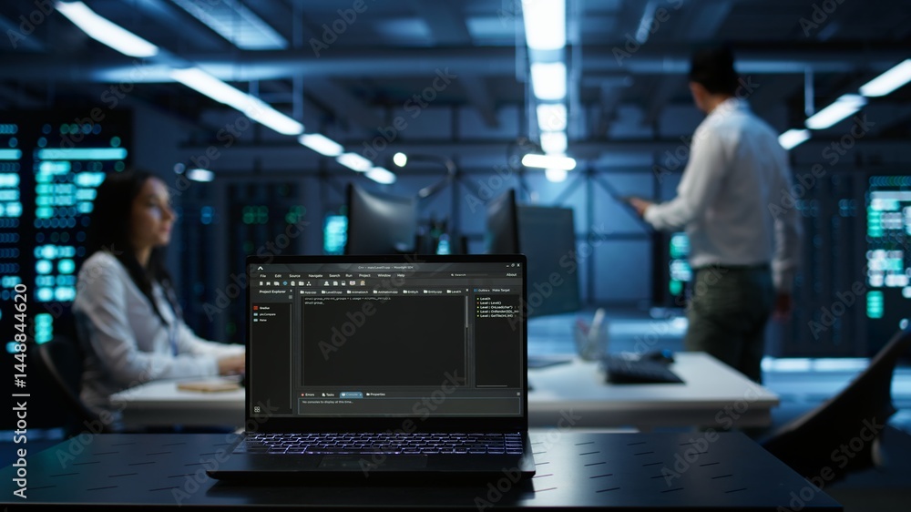 Poster focus on laptop used by engineers coding in modern data center, monitoring security threats. close u