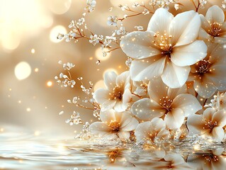 White flowers with golden sparkles reflected in water