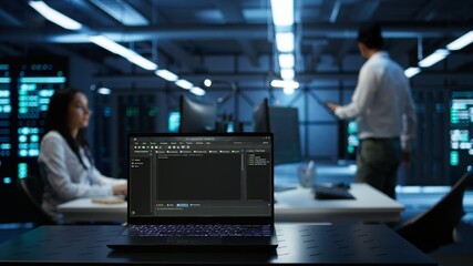 Focus on laptop used by engineers coding in modern data center, monitoring security threats. Close...