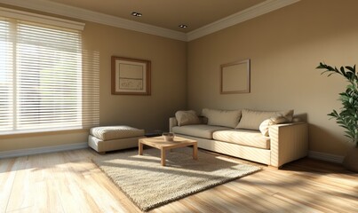 Fototapeta premium Cozy living room with beige tones, natural light, and simple decor. Features a sofa, ottoman, coffee table, artwork, and blinds
