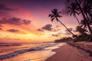 Serene Sunset on Tropical Beach with Palm Trees and Gentle Waves