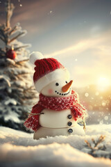 Obraz premium Smiling snowman in cozy red hat standing in sunlight. Christmas and winter warmth concept.