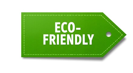 Fototapeta premium A green leaf-shaped tag with “Eco-Friendly” in white text, isolated on a white background, environmentally-conscious product label