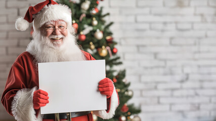 Naklejka premium Santa Claus holding blank paper near decorated tree. Christmas greeting and holiday message concept.