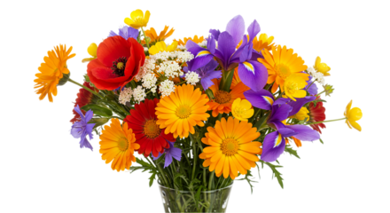 Vibrant flower bouquet with gerbera daisies and wildflowers on transparent background, perfect for festival decor, floral branding, summer gift wrap, and springtime visuals