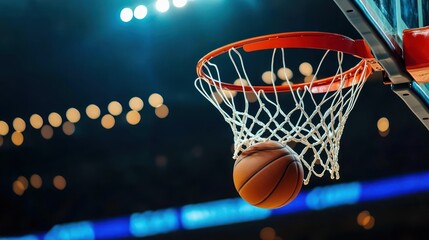 Basketball Going Through Hoop with Arena Lights in Background Sport Concept