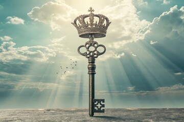 Obraz premium Majestic Key with Crown Under Bright Sky and Shining Rays of Light