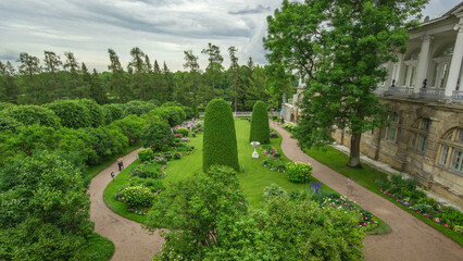 Antique gallery with sculptures and garden in the Catherine park timelapse, Saint-Petersburg.