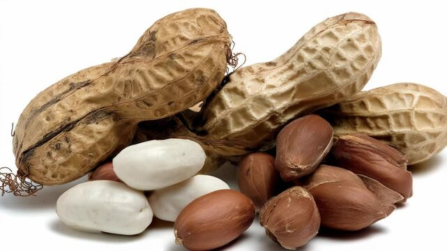 Close-up shot capturing a pile of peanuts in shells, alongside shelled peanuts of varying colors, all set against a clean, bright white background.