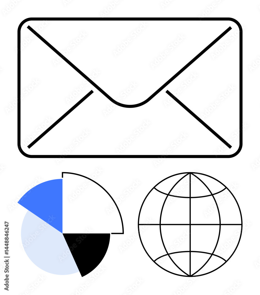 Aufkleber envelope symbol paired with pie chart and globe grid, highlighting concepts of email, data analysis,
