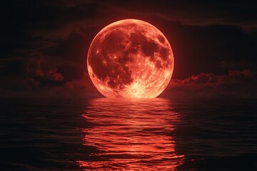 A large, red moon rising over a calm, reflective sea