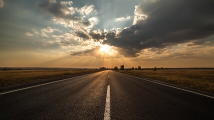 Asphalt Road Sunset Dramatic Sky Golden Hour Peaceful Journey Summer Landscape Rural Road Scenic Route Travel Photography Nature Background Open Road Destination Trip    
