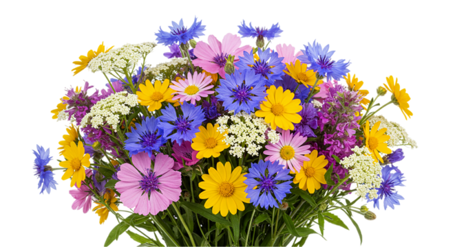 Colorful spring flower bouquet with purple, yellow, and blue blossoms on transparent background, perfect for floral decoration, greeting cards, invitations, and seasonal botanical artwork