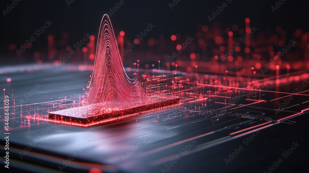 Poster abstract data visualization: red digital waveform on circuit board
