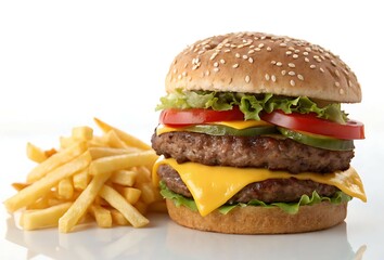 Delicious Double Cheeseburger and Fries: An enticing overhead shot presents a mouthwatering double cheeseburger alongside a generous serving of golden, crispy French fries.