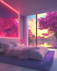 Bedroom with Nature View Featuring Cherry Blossoms and Sunset Glow