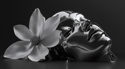 Woman and Flower Sculpture in Monochrome