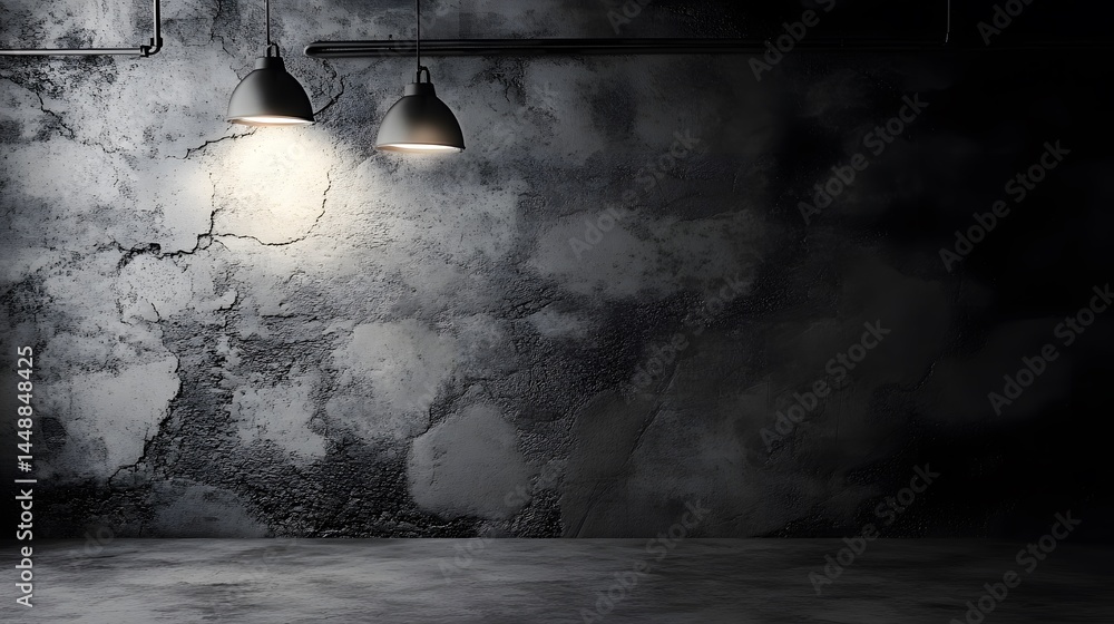 Poster a grunge textured wall and floor are lit by two pendant lights, creating a moody atmosphere with dar