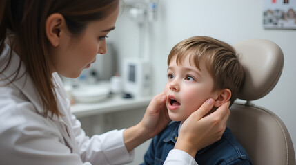 Cute ear nose throat specialist examining boy