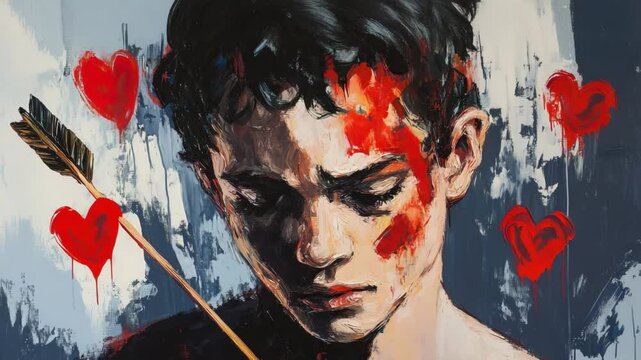 Emotional portrait: expressionist style with red hearts and arrow imagery